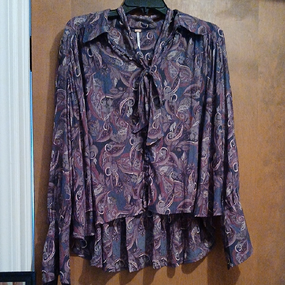 Free People Modern Muse Tie Neck Button Front Flowy HiLo Top S NWOT